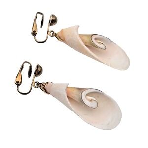 Vintage Natural Shell Dangle Clip On Earrings Tropical Beach Coastal Jewelry